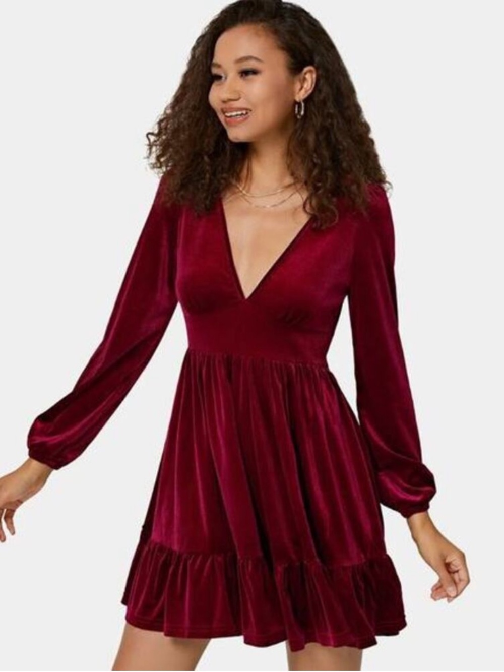 Halara Red Velvet Deep V-Neck Babydoll Mini Chill Dress NWT L